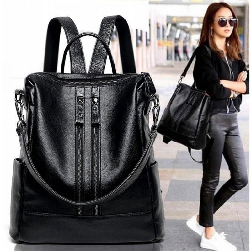 Leather Backpack Vintage - المرأة حقيبة جلدية ناعمة مدرسة سوداء