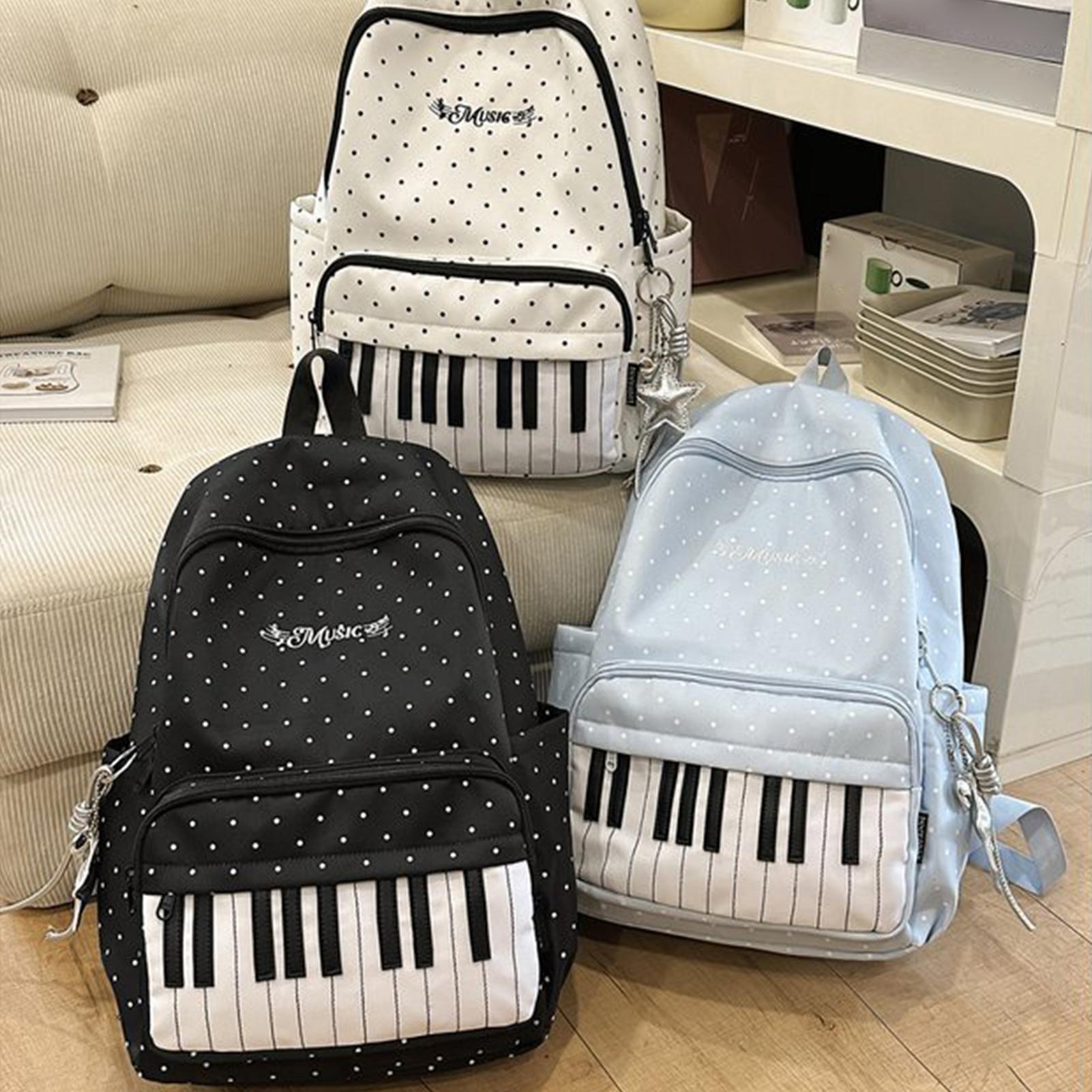 Fashion Backpack Women - حقيبة ظهر للسفر بطبعة البيانو، حقيبة
